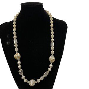 Vintage Gold & Silver Tone Beaded Necklace With Art Glass Accents & Crystal-Like